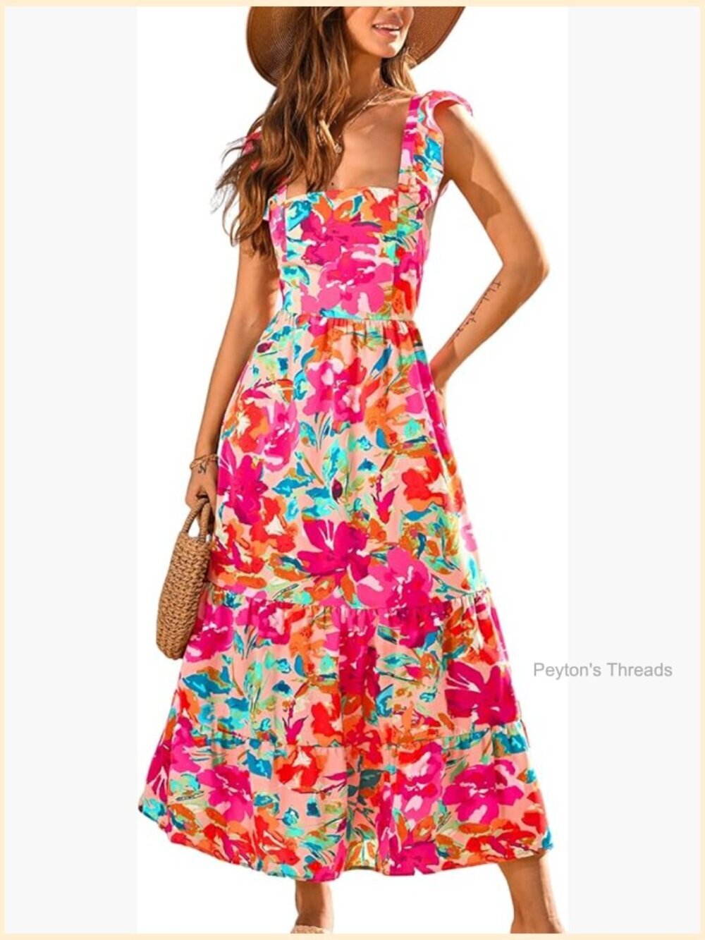 Floral Square Neck Sleeveless Ruffle Trim Backless Tie Maxi Dress
